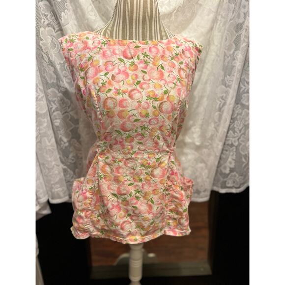 Vintage handmade hostess apron. Cotton fabric with Pink and yellow peaches - Picture 3 of 7